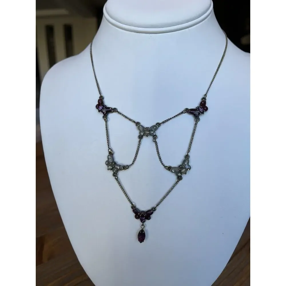 DON LIN Signed Enamel Butterfly Rhinestone Festoon Style Necklace Antiqued Bronz
